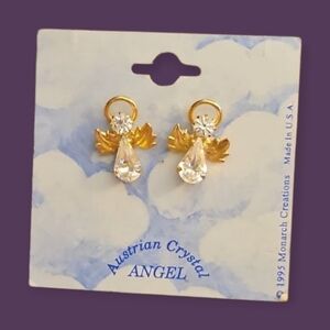 Vtg MONARCH CREATIONS 1990s Austrian Crystal Angel Holiday Earrings